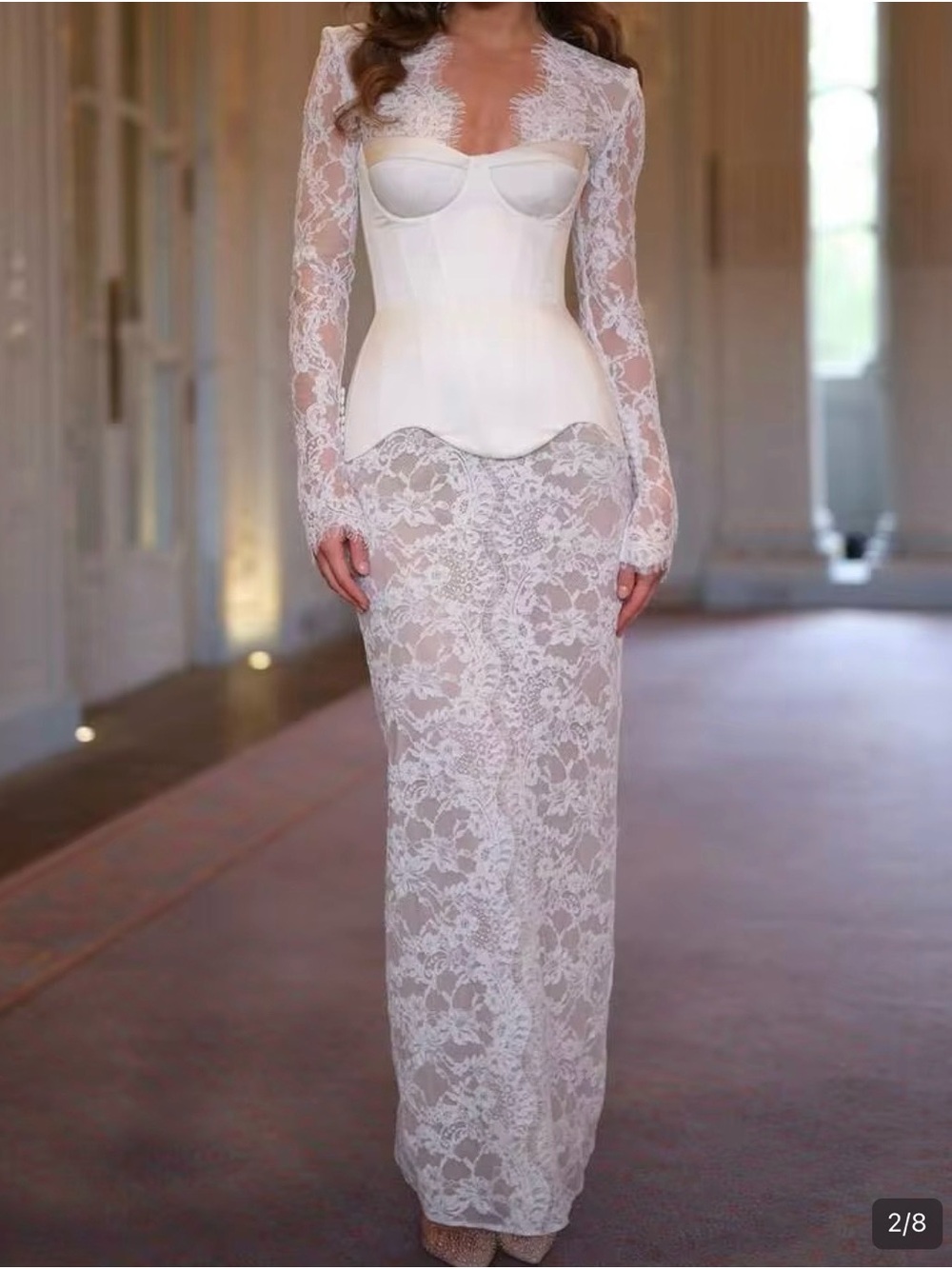 Elegant White Lace Long-Sleeve Corset Gown